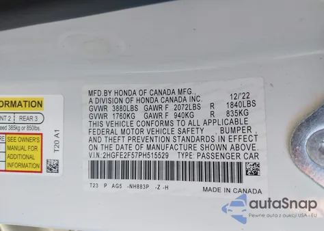 2023 Honda Civic Sport from USA, damaged, VIN 2HGFE2F57PH515529